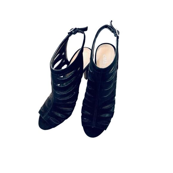 Cathy Jean Strappy Black Heel Stiletto Shoe Velvety See-through‎ Open Toe sz 6 - Picture 6 of 11